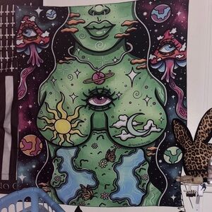 Alien Tiddies Tapestry “Mother Earth” Trippy Modern Psychedelic Shroom Art